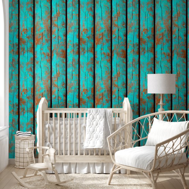 Rustieke houtnerf turquoise bruine landplanken behang (Kinderen)