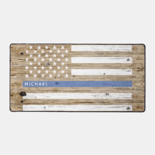 Rustieke houtprint Dunne blauwe lijn VS vlag Monog Bureaumat (Voorkant)
