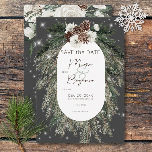 Rustieke Houtskool Dennenhout Winter Glans Bruilof Save The Date