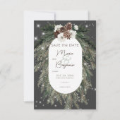 Rustieke Houtskool Dennenhout Winter Glans Bruilof Save The Date (Voorkant)