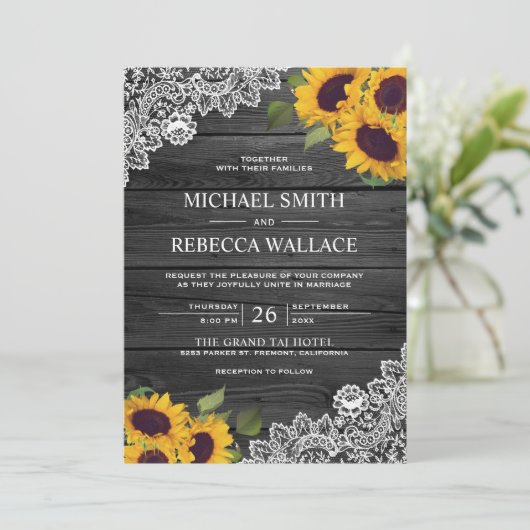 Rustieke Houtskool Grijs Houten Kant Zonnebloem Br Kaart (Staand voorkant)