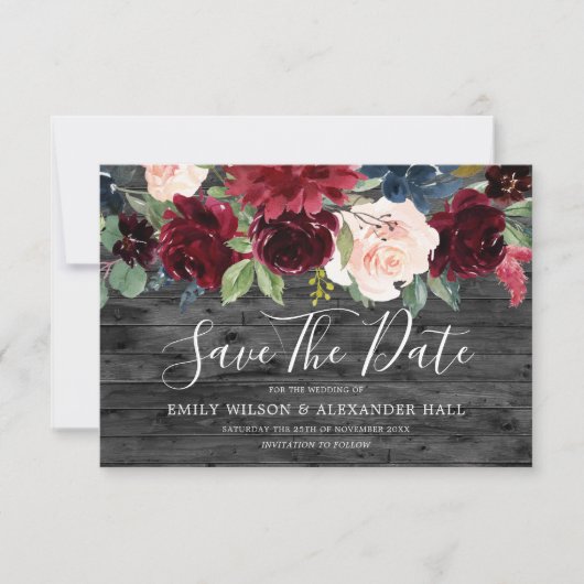Rustieke Houtskool Hout Bourgondi Bloemen Bruiloft Save The Date (Voorkant)