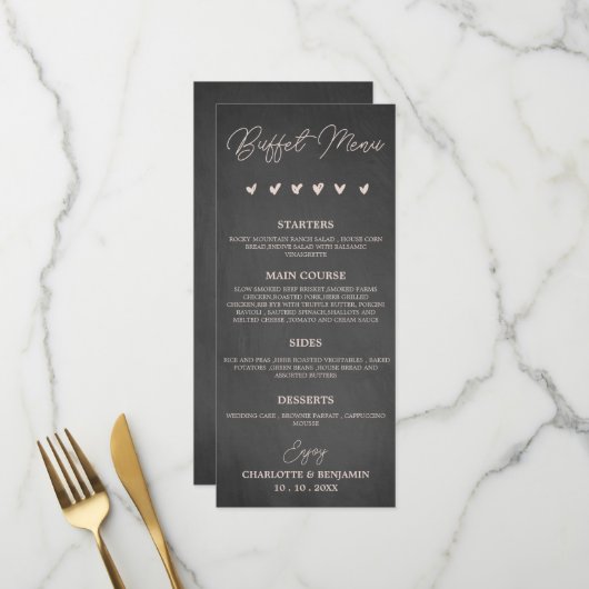 Rustieke Houtskool Zwarte Bruiloft Buffet Menu (Voorkant / Achterkant in situ)