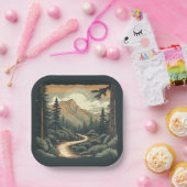 Rustieke houtsnede Mountain Forest Landschap Campi Papieren Bordje (Feest)