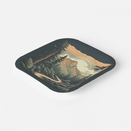 Rustieke houtsnede Mountain Forest Landschap Campi Papieren Bordje (Gebogen)