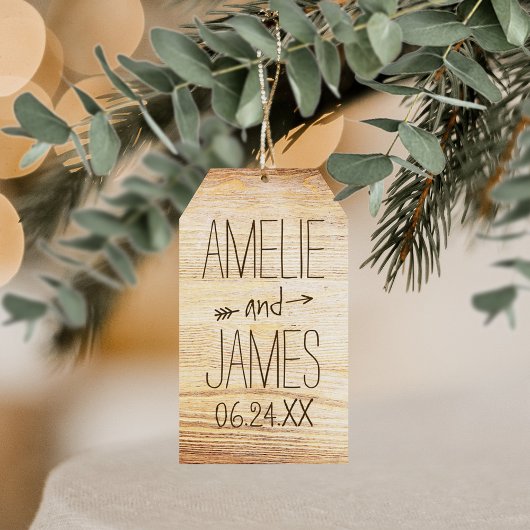Rustieke houtstructuur monogram trouwgunst cadeaulabel