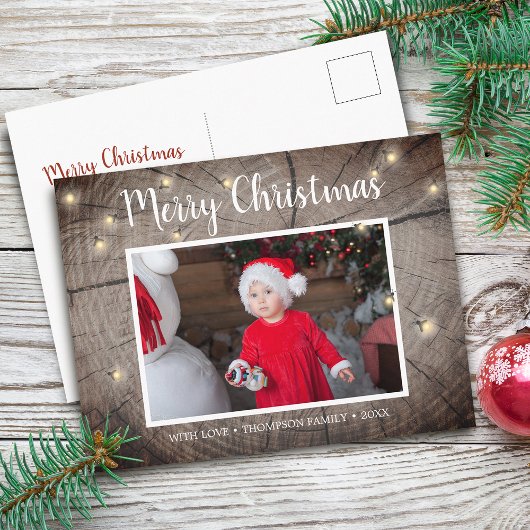 Rustieke houtstructuur vuurvliegjes Kerst foto Briefkaart