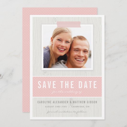 Rustieke houtstructuurpatroon Roze foto save the d Save The Date (Voorkant / Achterkant)