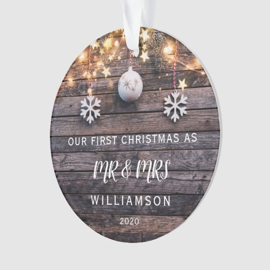 RUSTIEKE HOUTVERLICHTING EERSTE KERST FOTO CUSTOM ORNAMENT (voorkant)