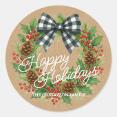 Rustieke hulstkrans wit zwart geruit lint ronde sticker (Voorkant)