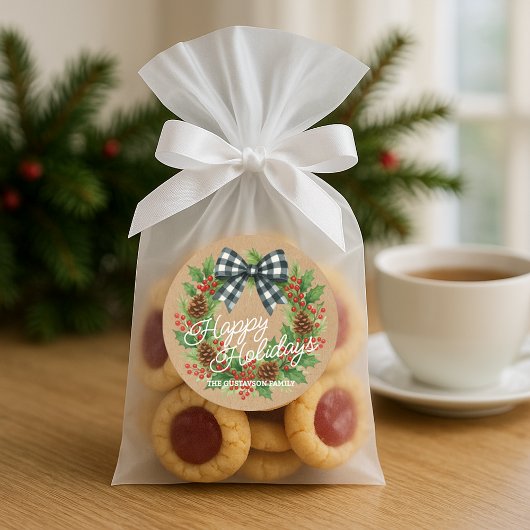 Rustieke hulstkrans wit zwart geruit lint ronde sticker