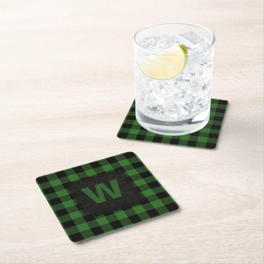 Rustieke Hunter Groen Zwart Buffel Plaid Monogram Kartonnen Onderzetters (Insitu)