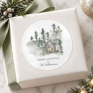 Rustieke hut bosgroene gepersonaliseerde kerst ronde sticker