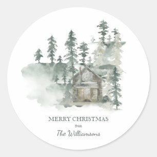Rustieke hut bosgroene gepersonaliseerde kerst ronde sticker