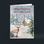 Rustieke hut in Bossen Son in Law Vrolijk kerstfee Kaart<br><div class="desc">Vrolijk kerstfeest voor zoon in de wet kaart met een charmante scène van een rustieke landelijke hut in het bos met een hert in de sneeuw en attent vers.</div>