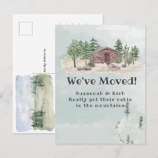 Rustieke hut in de bergen die we hebben verplaatst aankondigingskaart (Voorkant / Achterkant)