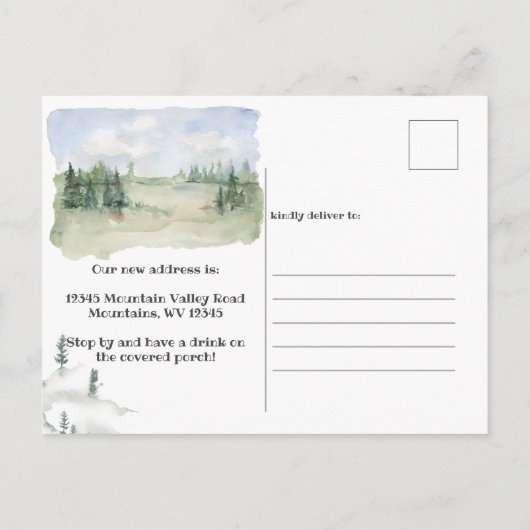Rustieke hut in de bergen die we hebben verplaatst aankondigingskaart (Achterkant)