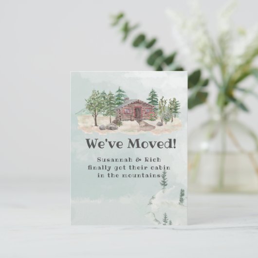 Rustieke hut in de bergen die we hebben verplaatst aankondigingskaart (Staand voorkant)