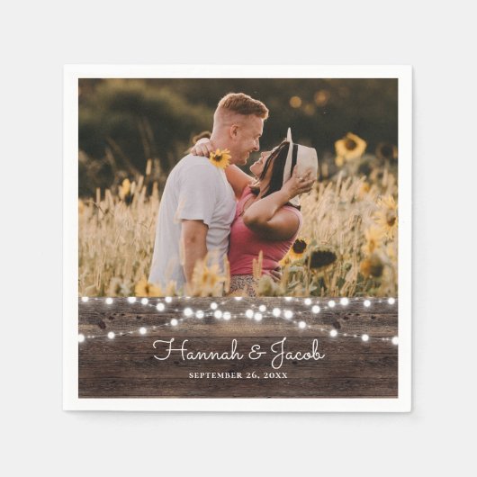 Rustieke Huwelijk Hout en String Lights Servet (Voorkant)