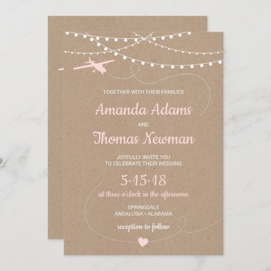 Rustieke huwelijksuitnodiging met een vliegtuig en kaart (Voorkant / Achterkant)