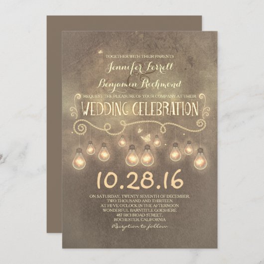  rustieke huwelijksuitnodiging met lichten kaart (Voorkant / Achterkant)