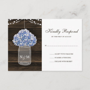 Rustieke Hydrangea Mason Jar Barn Wood Wedding RSV RSVP Kaartje