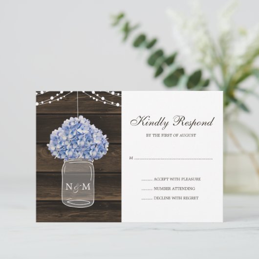 Rustieke Hydrangea Mason Jar Barn Wood Wedding RSV RSVP Kaartje (Staand voorkant)