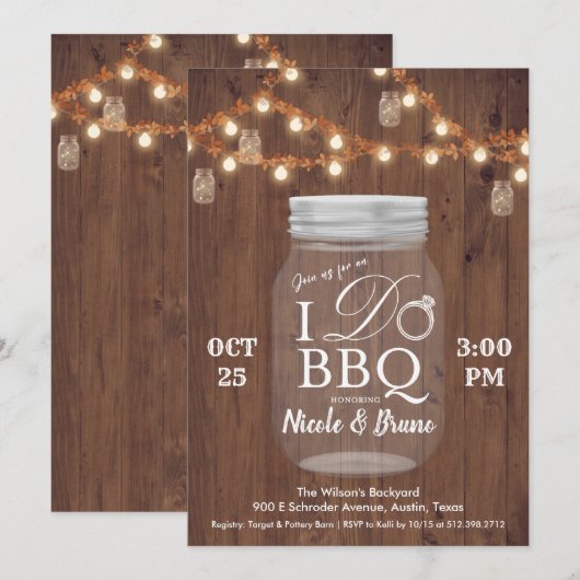 Rustieke I DO BBQ Mason Jar Uitnodiging (Voorkant / Achterkant)