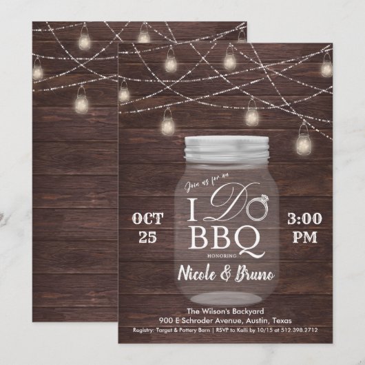 Rustieke I DO BBQ Mason Jar Uitnodiging (Voorkant / Achterkant)