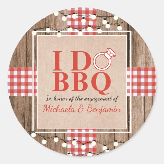 Rustieke 'I Do BBQ' verlovingsfeest koppel bruispa Ronde Sticker (Voorkant)