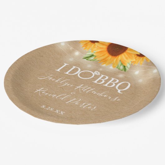 Rustieke 'I Do BBQ' zonnebloem slingerlichtjes tro Papieren Bordje (Gekanteld)