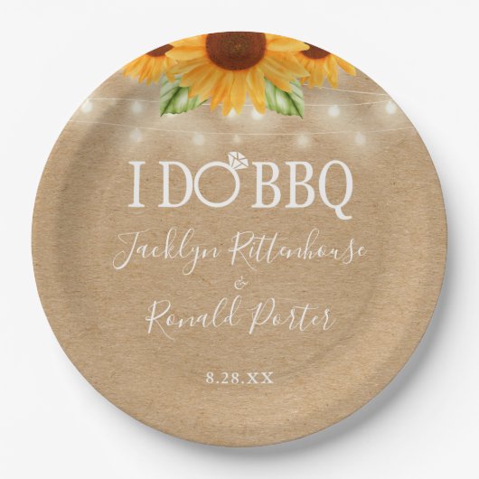 Rustieke 'I Do BBQ' zonnebloem slingerlichtjes tro Papieren Bordje (Voorkant)