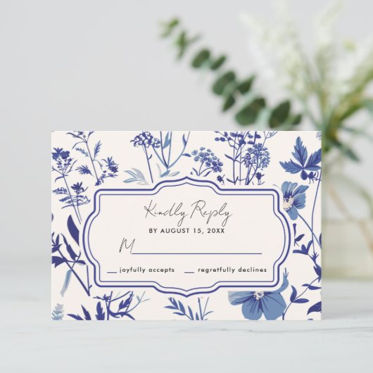 Rustieke Indigo Blue Wildflower Wedding RSVP (Staand voorkant)