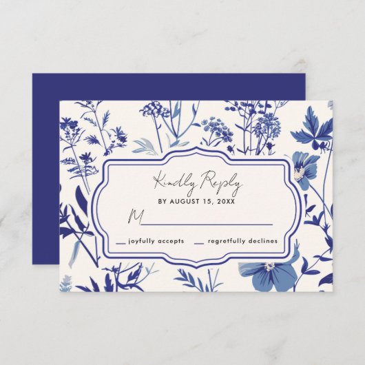 Rustieke Indigo Blue Wildflower Wedding RSVP (Voorkant / Achterkant)