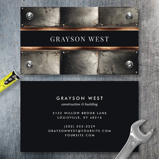 Rustieke industriële geklonken metaal en koper visitekaartje