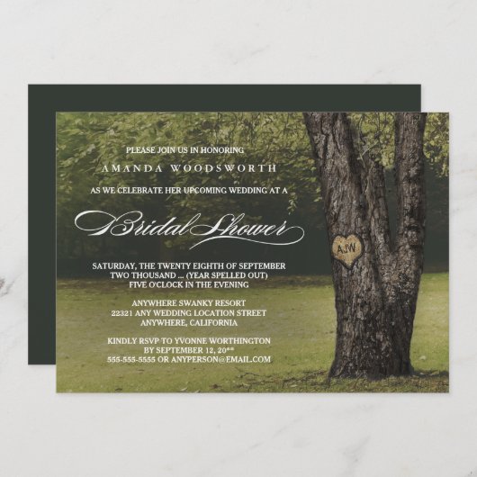 Rustieke Initialen Eikenboom bruidsdouche uitnodig Kaart (Voorkant / Achterkant)