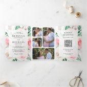 Rustieke Ivoor Blush Roze Bloemencode QR Code Trou Drieluik Uitnodiging (Binnen)