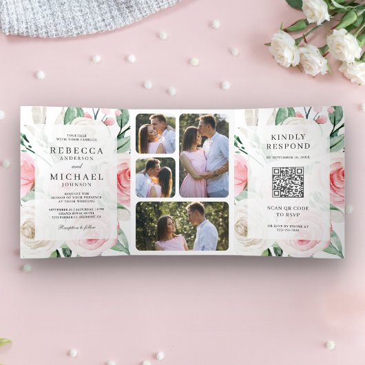 Rustieke Ivoor Blush Roze Bloemencode QR Code Trou Drieluik Uitnodiging