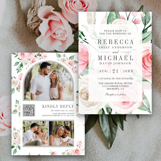 Rustieke Ivoor Blush Roze Bloemencode QR Code Trou Kaart