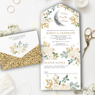 Rustieke Ivoor Goud Bloem Boho Maan Baby Shower All In One Uitnodiging
