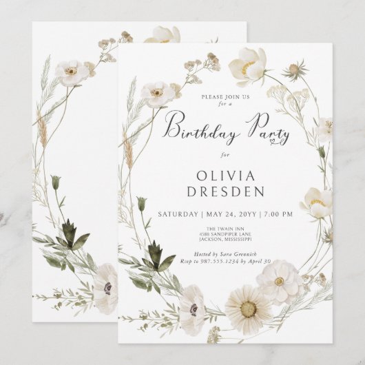 Rustieke Ivoor Wildflower Krans verjaardagsfeestje Kaart (Voorkant / Achterkant)