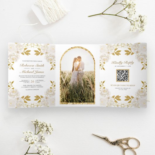 Rustieke Ivoren Bloem Koper Glitter QR Code Trouwe Drieluik Uitnodiging
