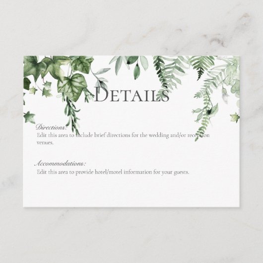 Rustieke Ivy & Sage groen bruiloft details Informatiekaartje (Voorkant)