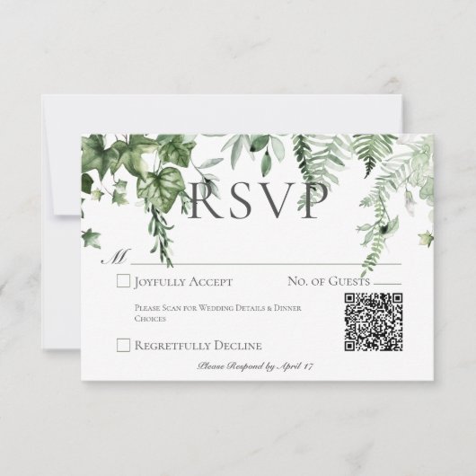 Rustieke Ivy & Sage Groen Bruiloft QR Code RSVP Kaartje (Voorkant)