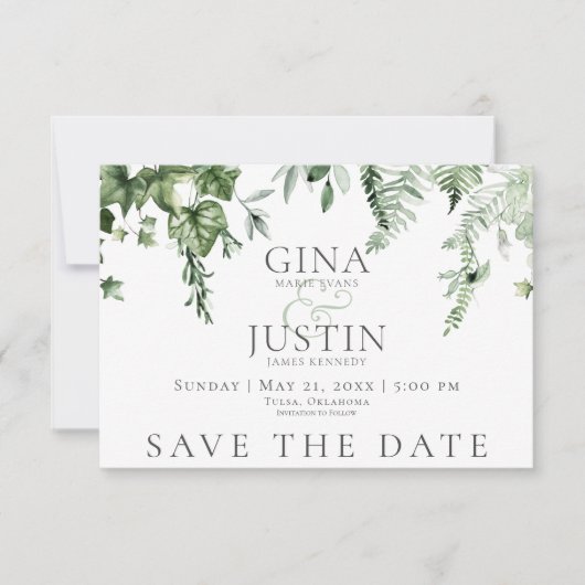 Rustieke Ivy & Sage groen bruiloft Save The Date (Voorkant)