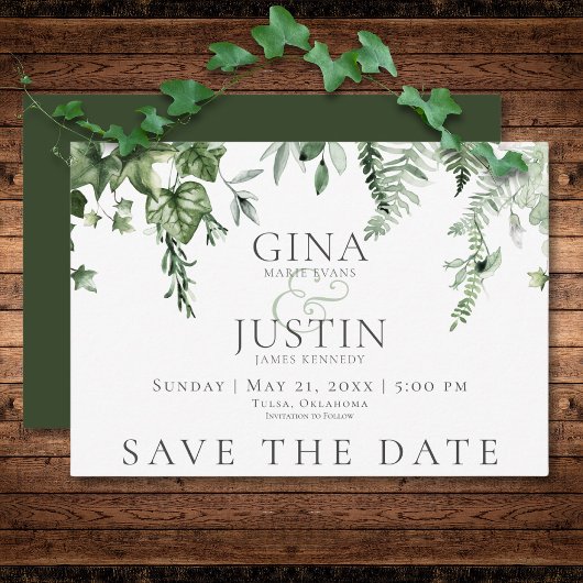 Rustieke Ivy & Sage groen bruiloft Save The Date