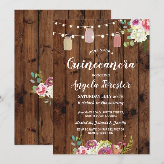 Rustieke Jars Quinceanera Party Hout Bloemen Licht Kaart (Voorkant / Achterkant)