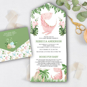 Rustieke Jungle Bloemen Roze Dinosaur Baby Borrel All In One Uitnodiging
