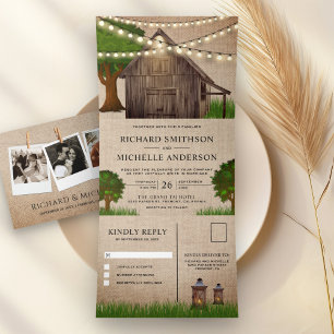 Rustieke jute boerderij houten schuur slingerlicht drieluik uitnodiging
