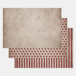Rustieke jute burgundy stippen strepen effen inpakpapier vel